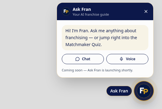 The Ask Fran panel open on the live quiz, reading Coming soon, Ask Fran is launching shortly