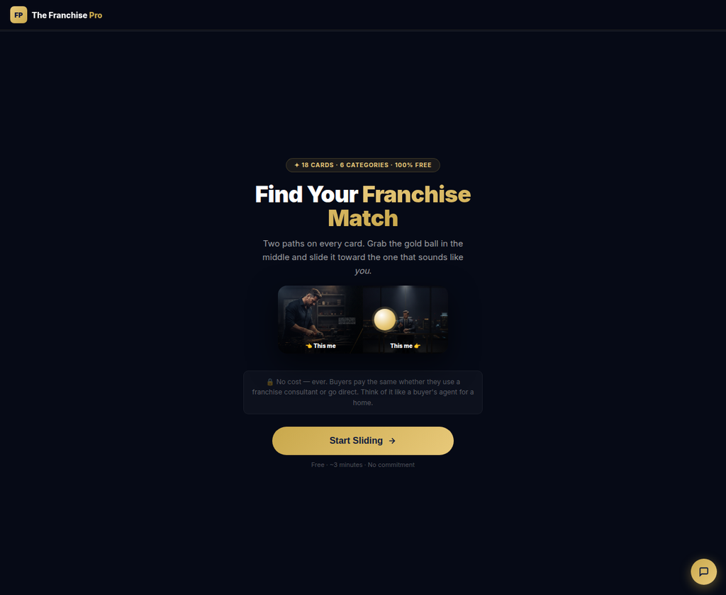 Screenshot of the live Franchise Matchmaker quiz start screen