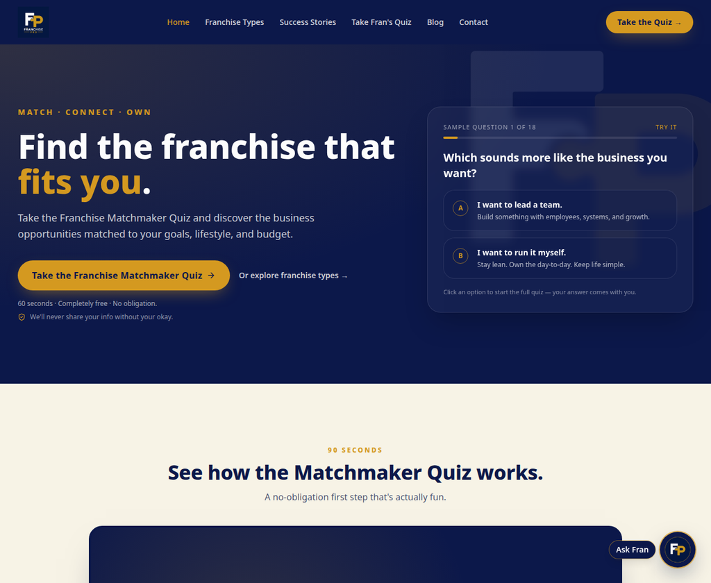 Screenshot of the live thefranchisepro.com homepage